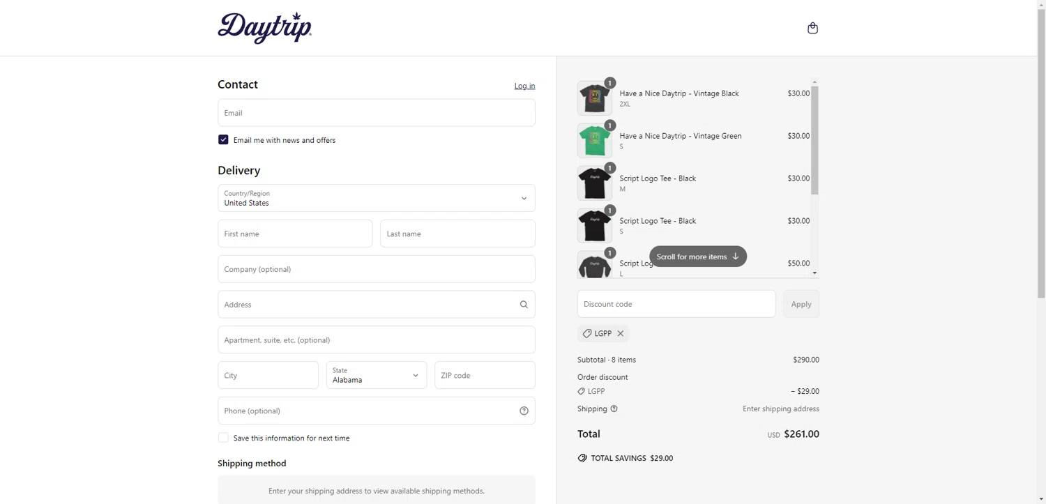 Daytrip promo code screenshot showing code LGPP applied at Daytrip checkout page. Uploaded by SimplyCodes community member SilverChaser3269 on May 28, 2025
