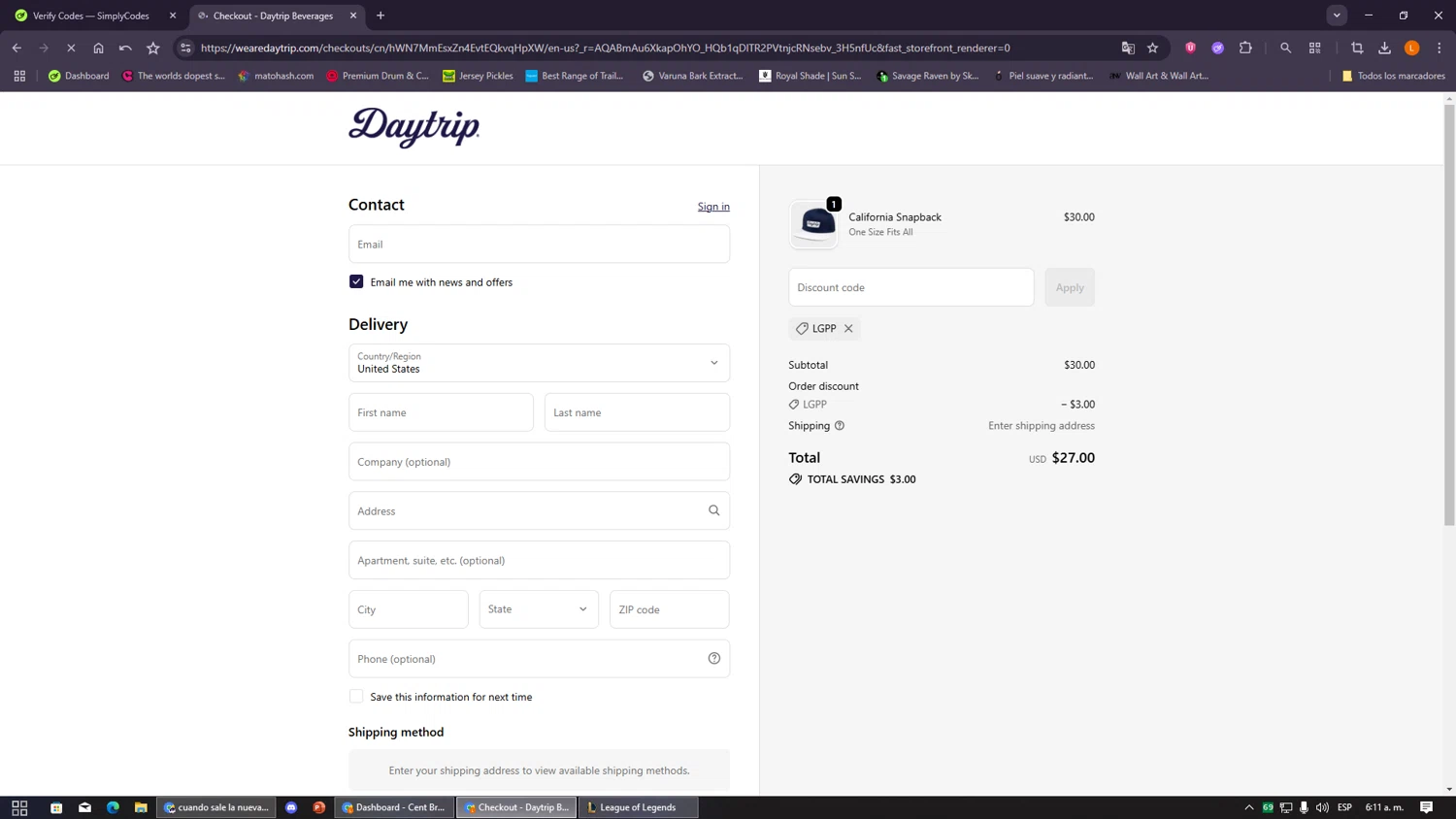 Daytrip promo code screenshot showing code LGPP applied at Daytrip checkout page. Uploaded by SimplyCodes community member VayneChambeadora on Jan 8, 2026