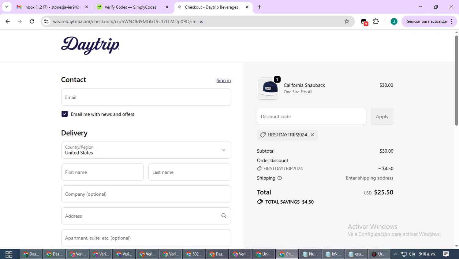 Daytrip promo code screenshot showing code FIRSTDAYTRIP2024 applied at Daytrip checkout page. Uploaded by SimplyCodes community member SavvyCurator1770 on Oct 15, 2025
