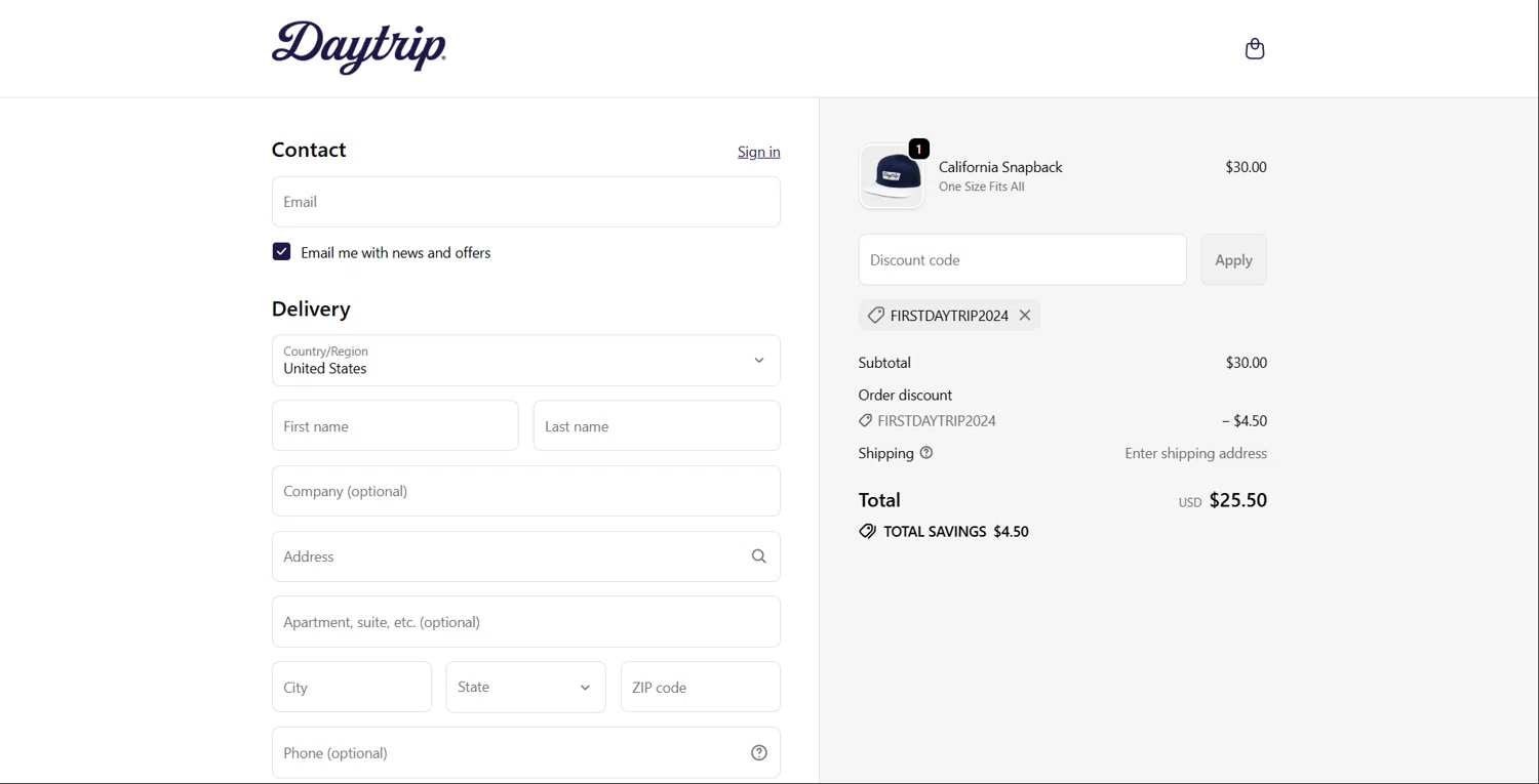 Daytrip promo code screenshot showing code FIRSTDAYTRIP2024 applied at Daytrip checkout page. Uploaded by SimplyCodes community member Teresa on Sep 25, 2025