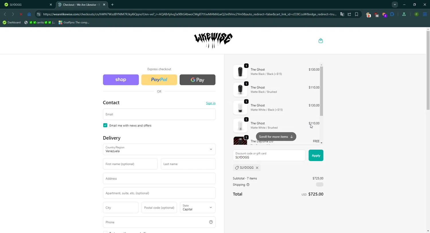 We Are Likewise promo code screenshot showing code SLYDOGG applied at We Are Likewise checkout page. Uploaded by SimplyCodes community member CrownGuardian9882 on Jan 12, 2026