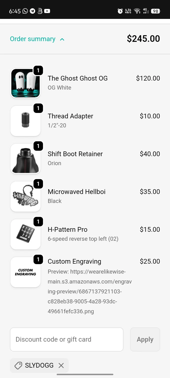 We Are Likewise promo code screenshot showing code SLYDOGG applied at We Are Likewise checkout page. Uploaded by SimplyCodes community member Jhaybeatz on Oct 10, 2025