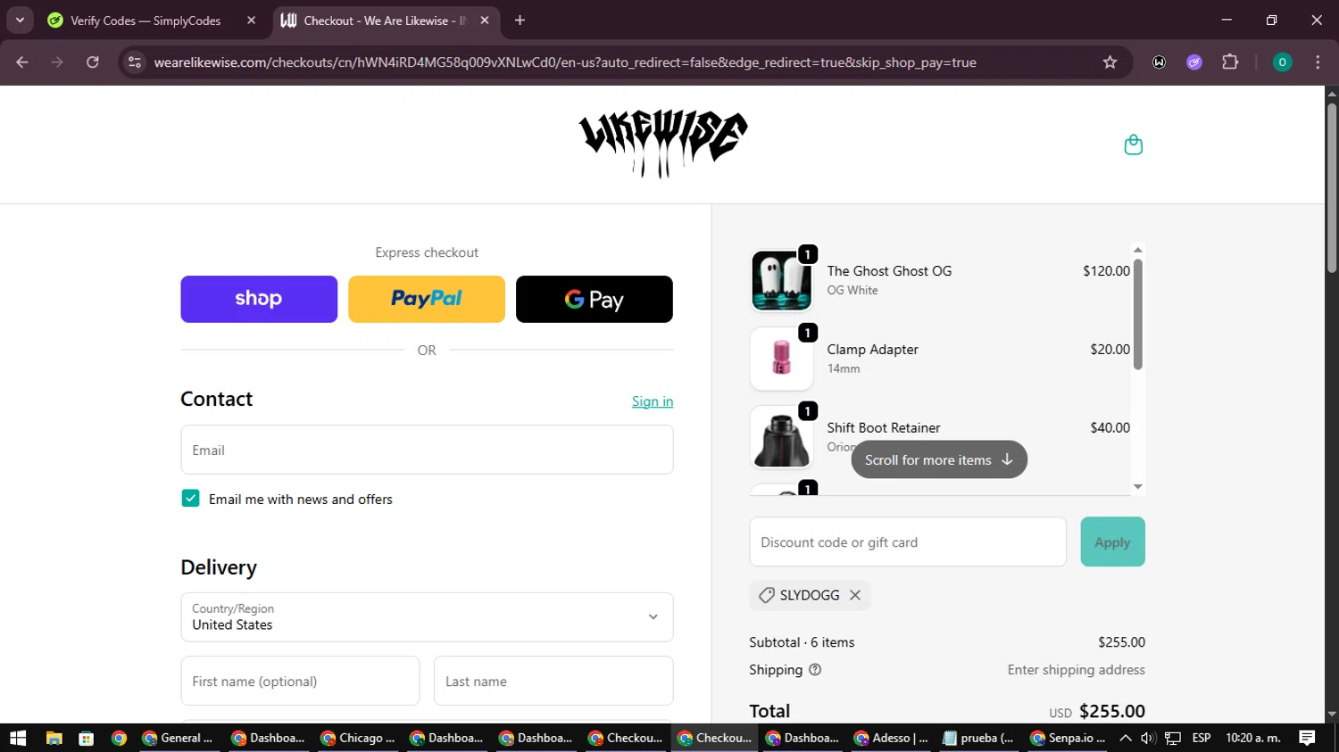 We Are Likewise promo code screenshot showing code SLYDOGG applied at We Are Likewise checkout page. Uploaded by SimplyCodes community member LuckyDefender9428 on Oct 30, 2025