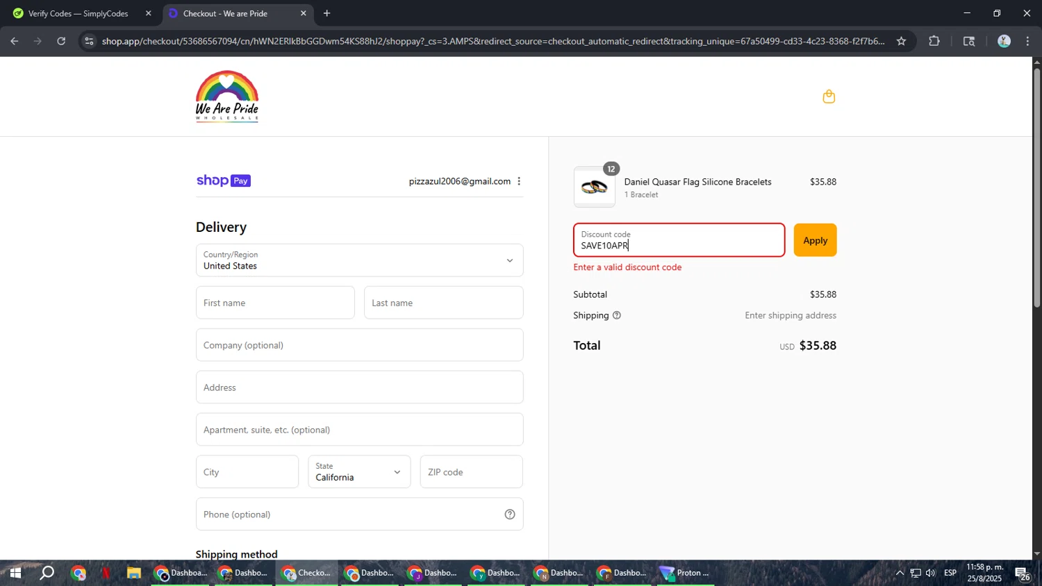 We Are Pride promo code screenshot showing code SAVE10APR applied at We Are Pride checkout page. Uploaded by SimplyCodes community member ShrewdSeeker6165 on Aug 26, 2025