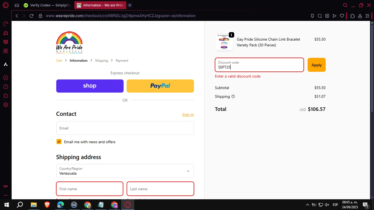 We Are Pride promo code screenshot showing code SEPT25 applied at We Are Pride checkout page. Uploaded by SimplyCodes community member VoucherCollector3778 on Sep 24, 2025