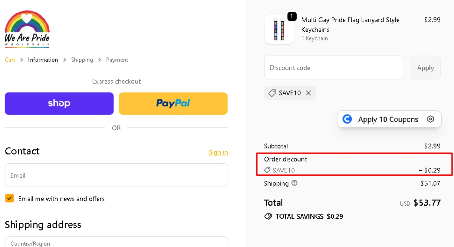 We Are Pride promo code screenshot showing code SAVE10 applied at We Are Pride checkout page. Uploaded by SimplyCodes community member AMANDA2681 on Oct 27, 2025
