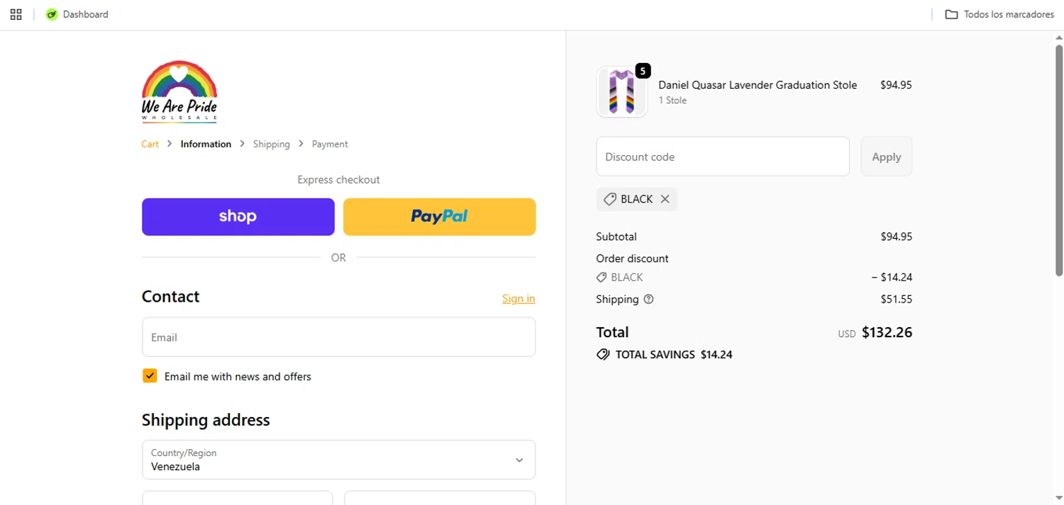 We Are Pride promo code screenshot showing code BLACK applied at We Are Pride checkout page. Uploaded by SimplyCodes community member Speedy on Nov 24, 2025