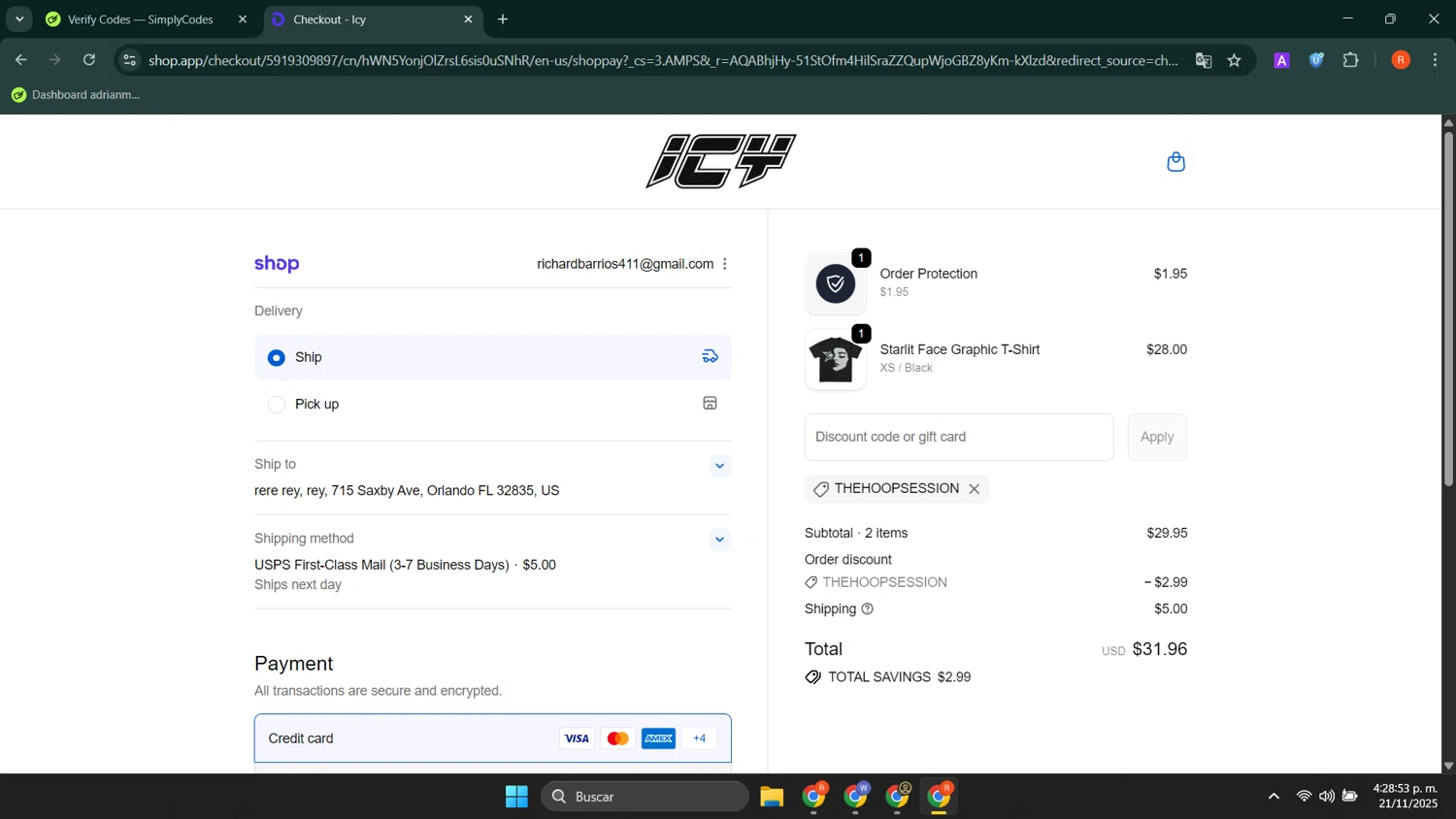 Icy promo code screenshot showing code THEHOOPSESSION applied at Icy checkout page. Uploaded by SimplyCodes community member LuckyShopper9694 on Nov 21, 2025