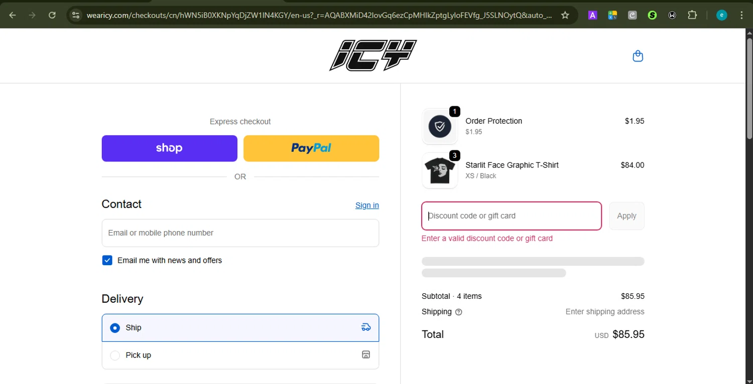Icy promo code screenshot showing code ICYWELCOME applied at Icy checkout page. Uploaded by SimplyCodes community member LOVECOUPON on Nov 25, 2025