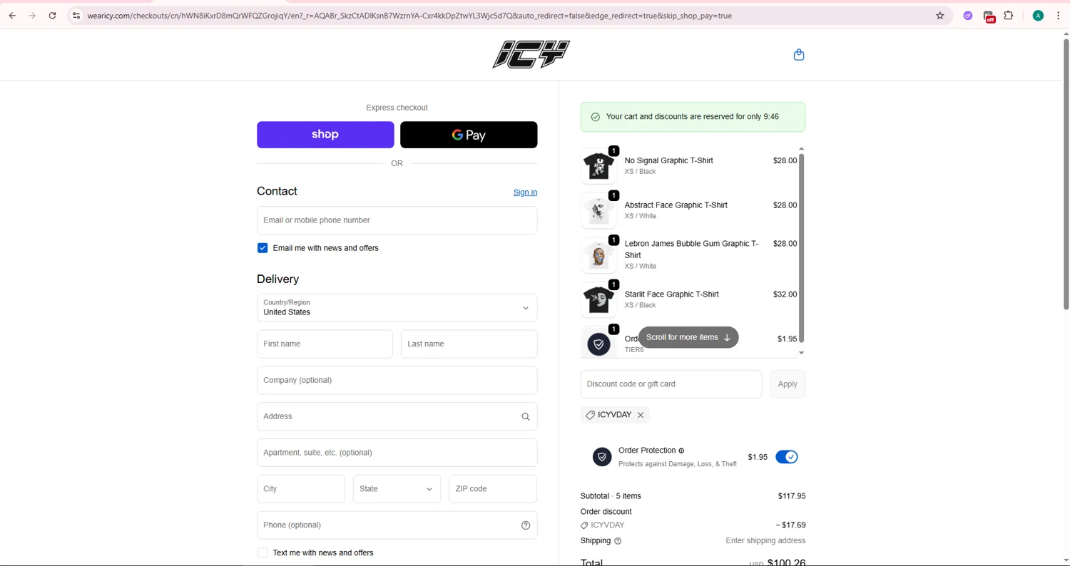 Icy promo code screenshot showing code ICYVDAY applied at Icy checkout page. Uploaded by SimplyCodes community member AlexanderSierraP on Feb 12, 2026