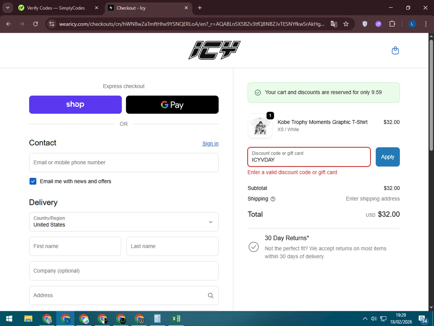 Icy promo code screenshot showing code ICYVDAY applied at Icy checkout page. Uploaded by SimplyCodes community member LegendaryLegend5536 on Feb 18, 2026