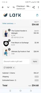 COZY25 coupon verification screenshot