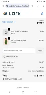 WELCOME10 coupon verification screenshot
