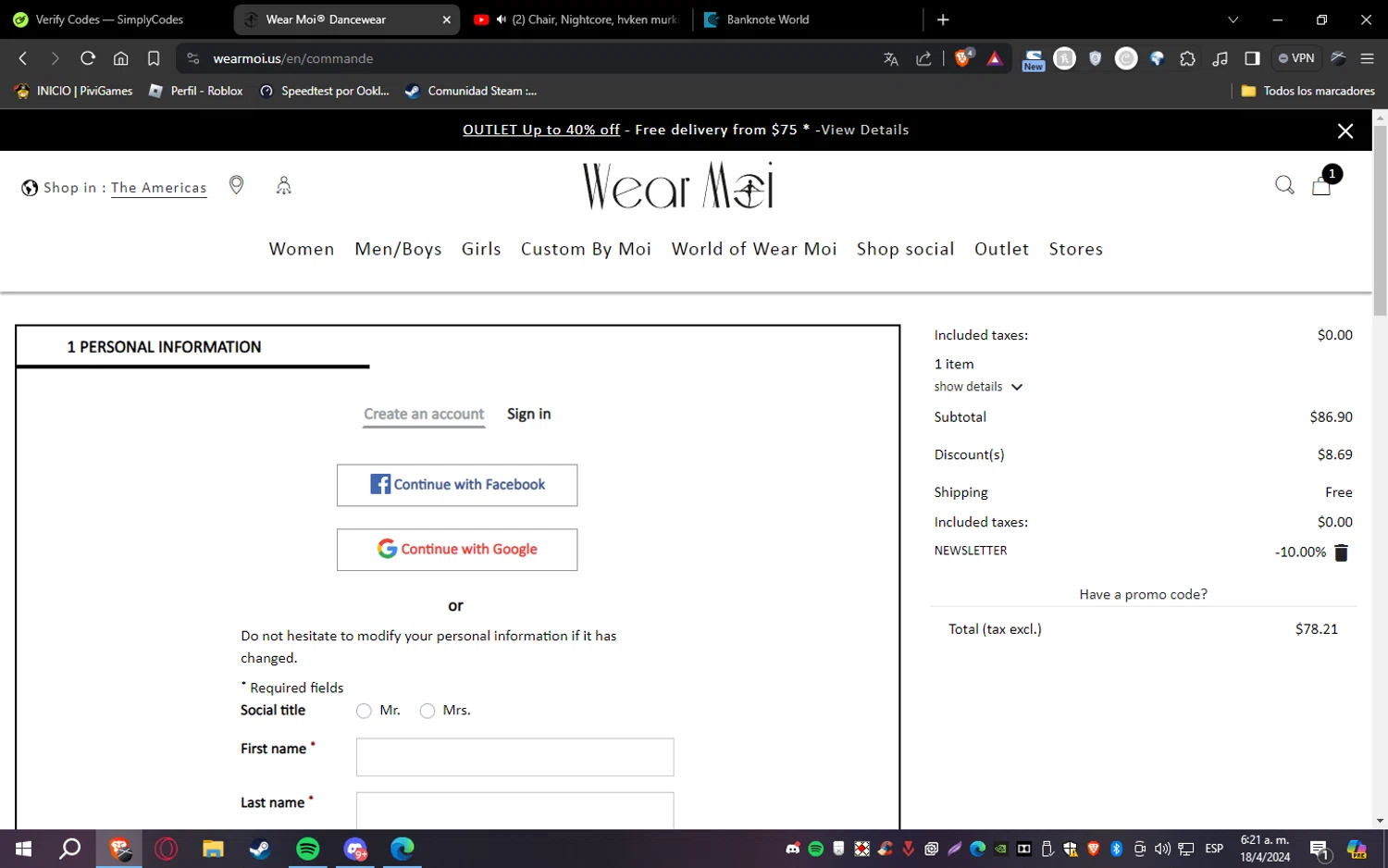 Wear Moi checkout page showing Wear Moi promo code box | Screenshot taken by SimplyCodes community member on Apr 18, 2024