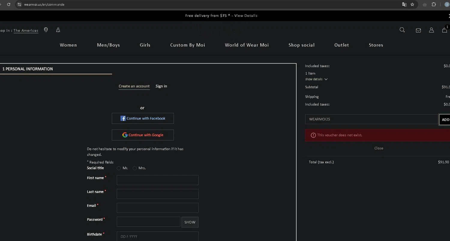 Wear Moi promo code screenshot showing code WEARMOI25 applied at Wear Moi checkout page. Uploaded by SimplyCodes community member SavingsCurator5849 on Apr 10, 2025