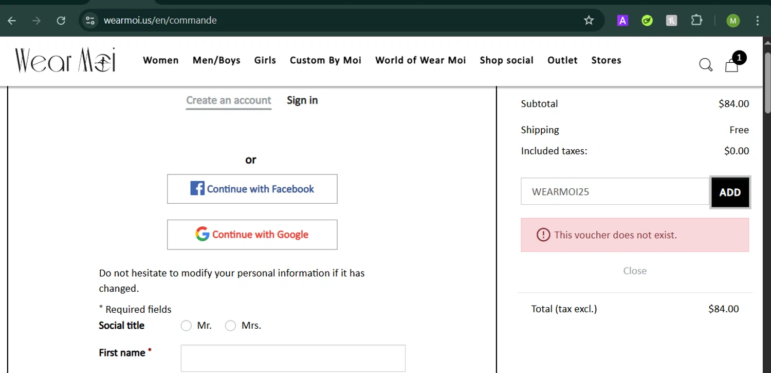 Wear Moi promo code screenshot showing code WEARMOI25 applied at Wear Moi checkout page. Uploaded by SimplyCodes community member MARCVH on Apr 10, 2025