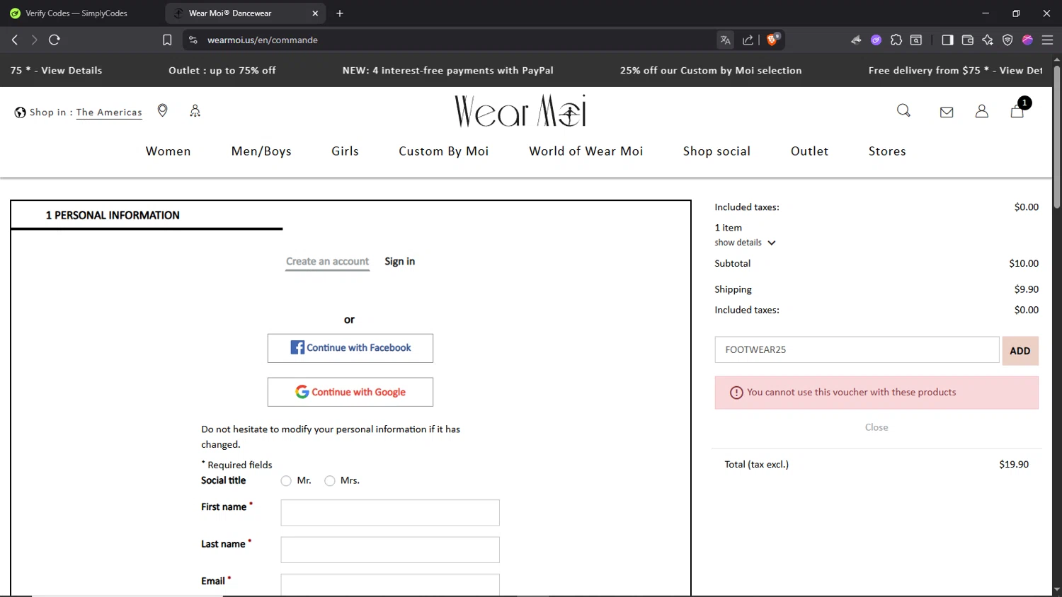 Wear Moi promo code screenshot showing code FOOTWEAR25 applied at Wear Moi checkout page. Uploaded by SimplyCodes community member Morrachida04 on Jul 29, 2025