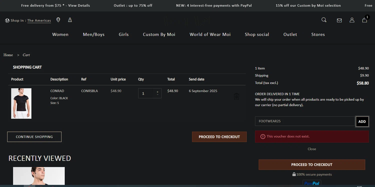 Wear Moi promo code screenshot showing code FOOTWEAR25 applied at Wear Moi checkout page. Uploaded by SimplyCodes community member Nor_man on Aug 27, 2025