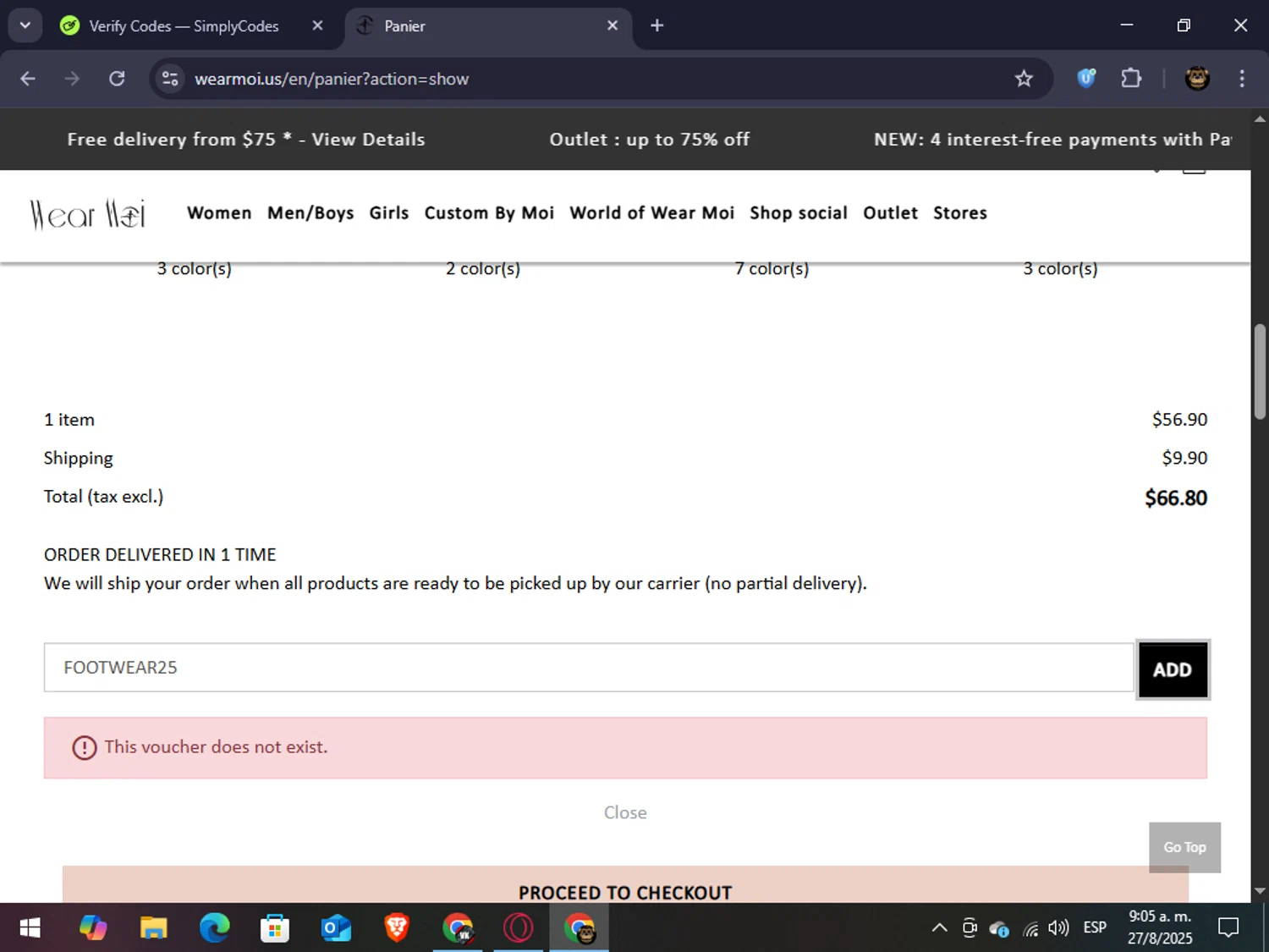 Wear Moi promo code screenshot showing code FOOTWEAR25 applied at Wear Moi checkout page. Uploaded by SimplyCodes community member abrahanv on Aug 27, 2025