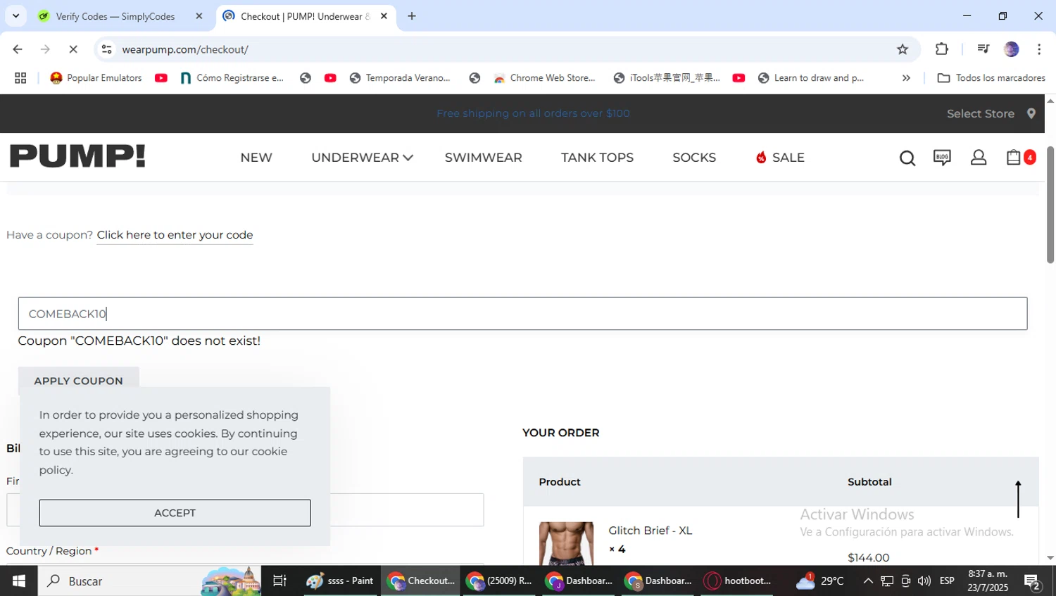 Pump promo code screenshot showing code COMEBACK10 applied at Pump checkout page. Uploaded by SimplyCodes community member DealLynx6506 on Jul 23, 2025