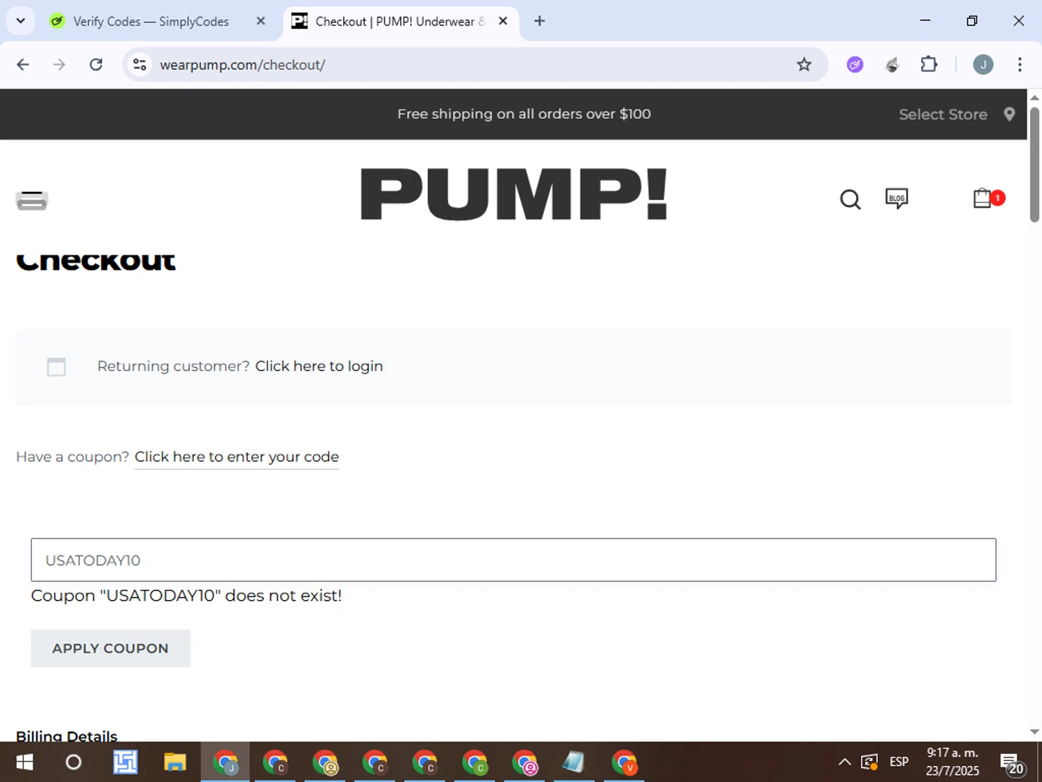 Pump promo code screenshot showing code USATODAY10 applied at Pump checkout page. Uploaded by SimplyCodes community member ValueTracker8384 on Jul 23, 2025