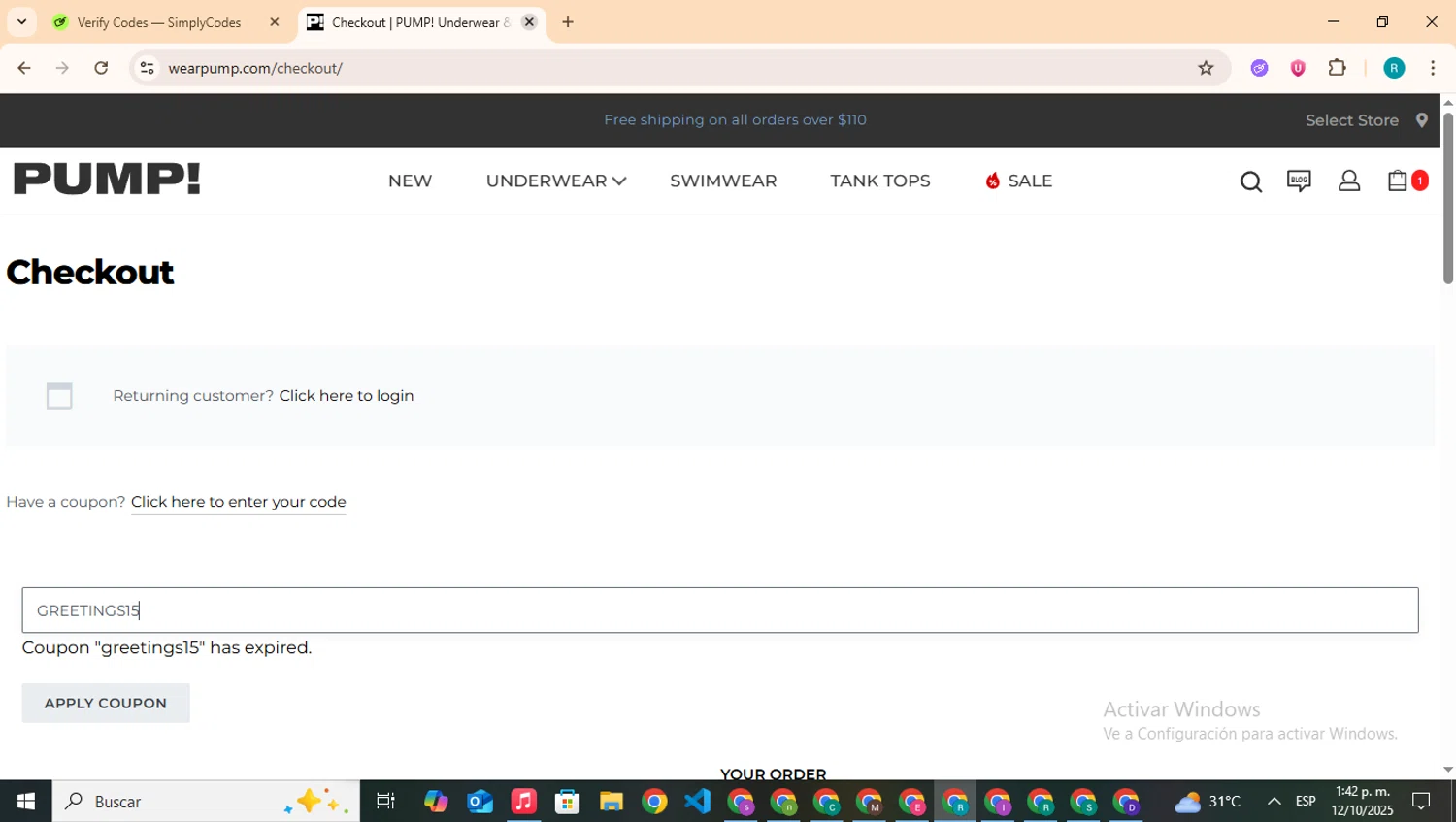 Pump promo code screenshot showing code GREETINGS15 applied at Pump checkout page. Uploaded by SimplyCodes community member BudgetHero4407 on Oct 12, 2025