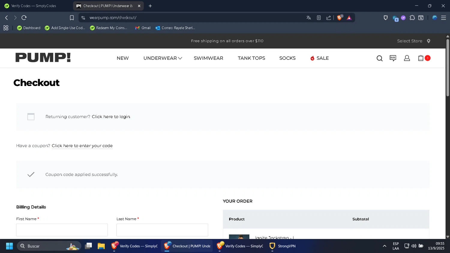 Pump checkout page showing Pump promo code box | Screenshot taken by SimplyCodes community member on Sep 13, 2025