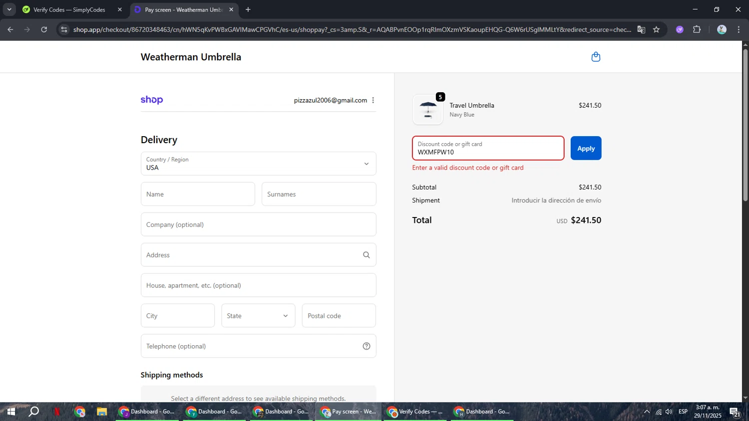 Weatherman promo code screenshot showing code WXMFPW10 applied at Weatherman checkout page. Uploaded by SimplyCodes community member ShrewdSeeker6165 on Nov 29, 2025