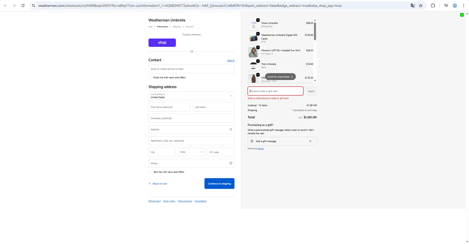 Weatherman promo code screenshot showing code USEYOURDISCOUNT applied at Weatherman checkout page. Uploaded by SimplyCodes community member kaiser2 on Feb 17, 2026