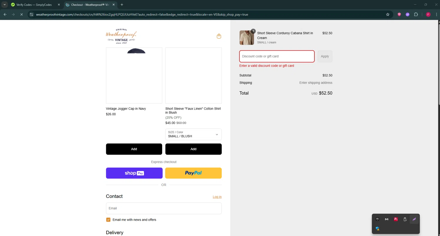 Weatherproof Vintage promo code screenshot showing code 30BLKFRI applied at Weatherproof Vintage checkout page. Uploaded by SimplyCodes community member ExtraordinaryVirtuoso281 on Aug 22, 2025