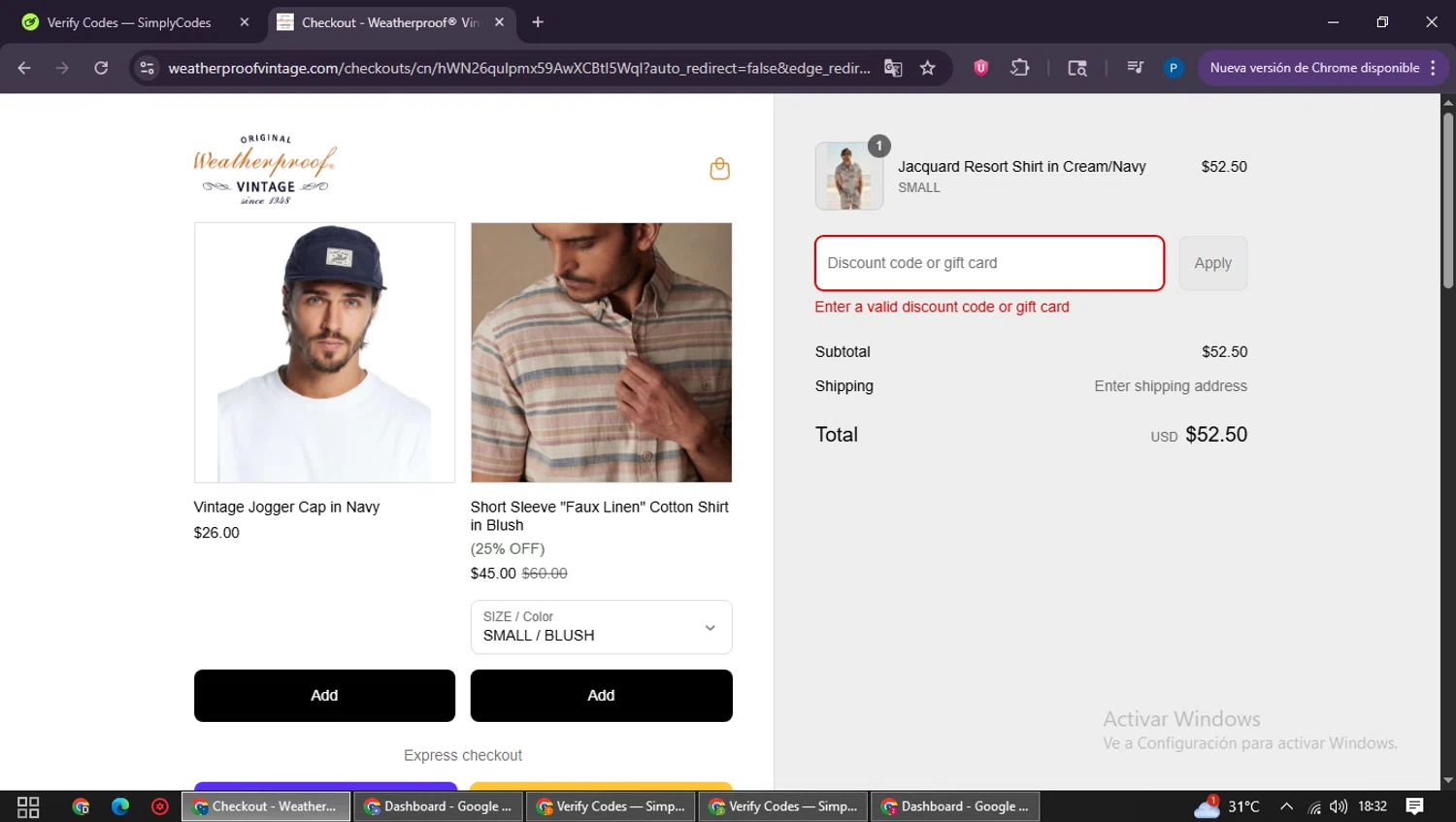 Weatherproof Vintage promo code screenshot showing code 30BLKFRI applied at Weatherproof Vintage checkout page. Uploaded by SimplyCodes community member QuestExpert3096 on Aug 22, 2025