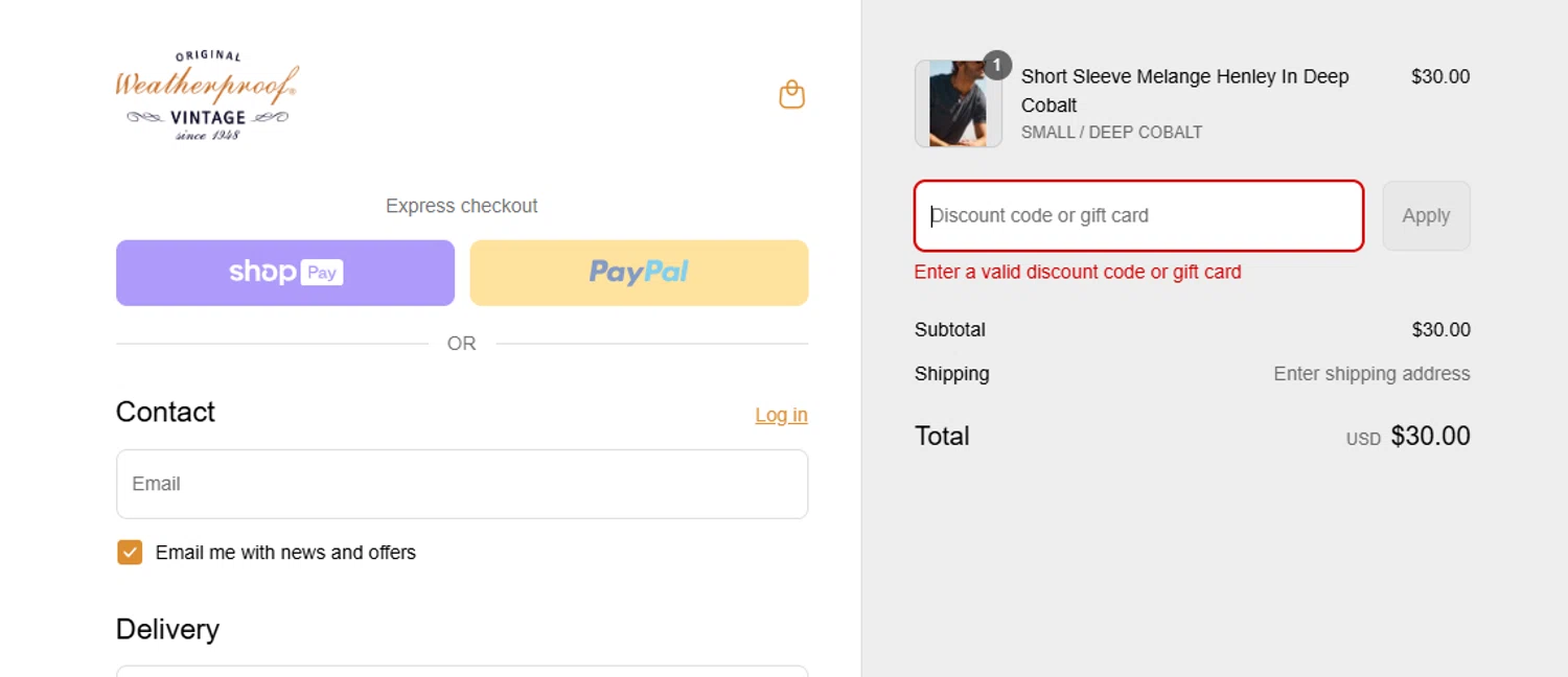 Weatherproof Vintage promo code screenshot showing code 30BLKFRI applied at Weatherproof Vintage checkout page. Uploaded by SimplyCodes community member Stun222 on Aug 22, 2025