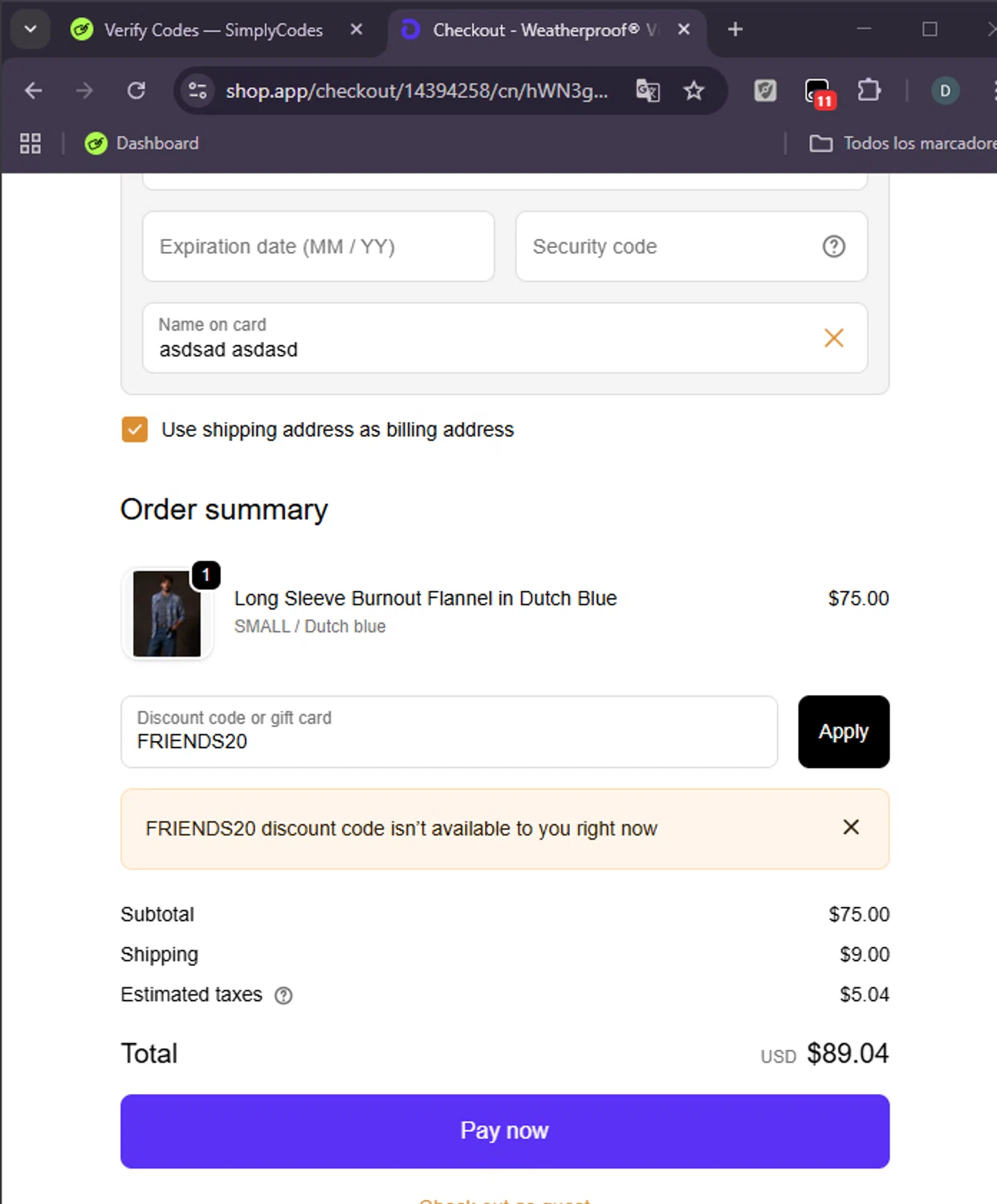 Weatherproof Vintage promo code screenshot showing code FRIENDS20 applied at Weatherproof Vintage checkout page. Uploaded by SimplyCodes community member Rei_Chikita_uwu on Oct 3, 2025