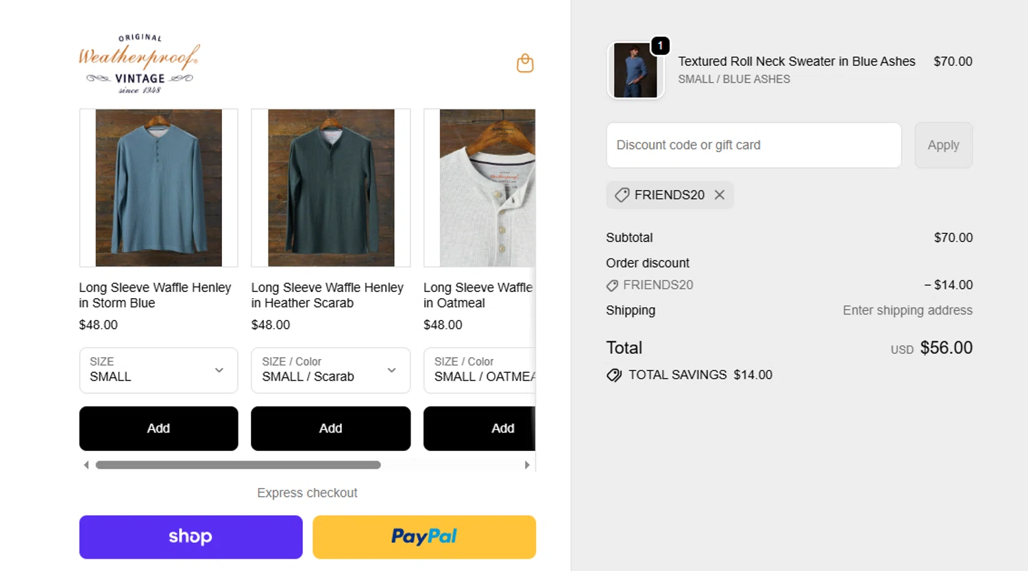 Weatherproof Vintage promo code screenshot showing code FRIENDS20 applied at Weatherproof Vintage checkout page. Uploaded by SimplyCodes community member gilbertrondon on Oct 27, 2025