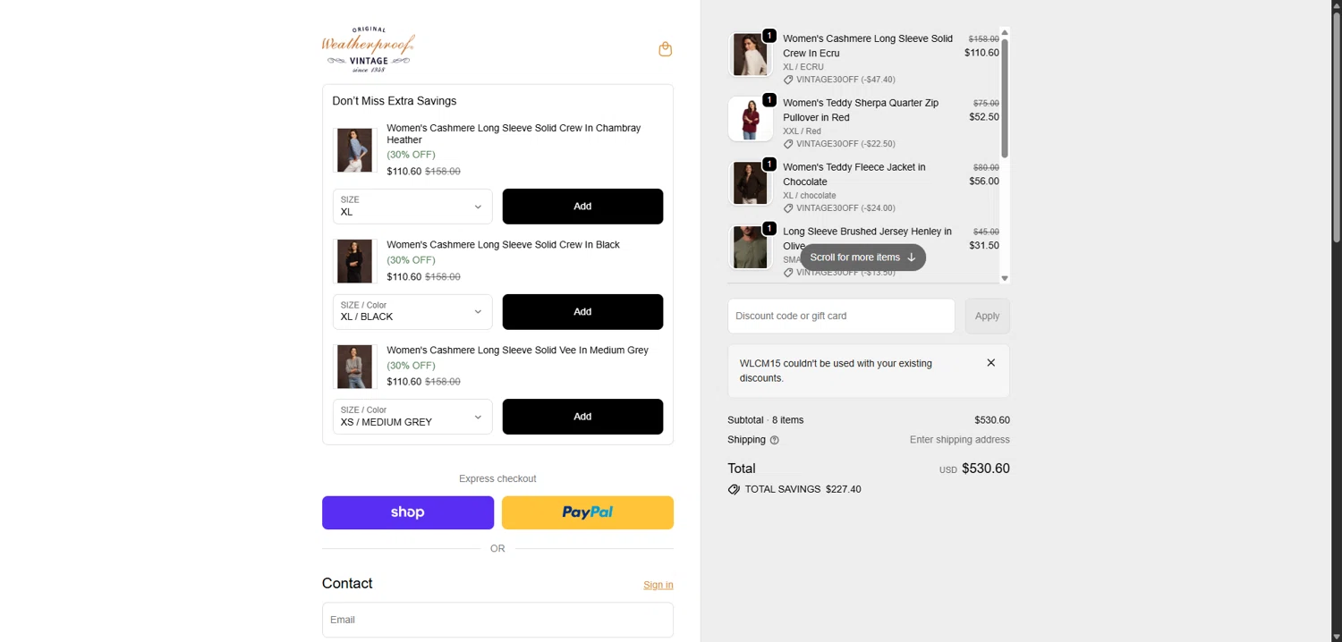 Weatherproof Vintage promo code screenshot showing code WLCM15 applied at Weatherproof Vintage checkout page. Uploaded by SimplyCodes community member TokenNavigator3088 on Dec 28, 2025