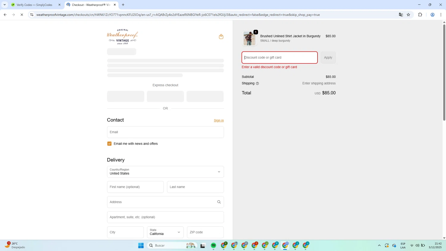 Weatherproof Vintage promo code screenshot showing code VINTAGE30OF applied at Weatherproof Vintage checkout page. Uploaded by SimplyCodes community member MagnificentCaptain7552 on Dec 4, 2025