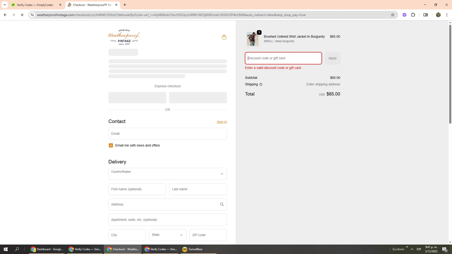 Weatherproof Vintage promo code screenshot showing code VINTAGE30OF applied at Weatherproof Vintage checkout page. Uploaded by SimplyCodes community member Phoenix585 on Dec 4, 2025