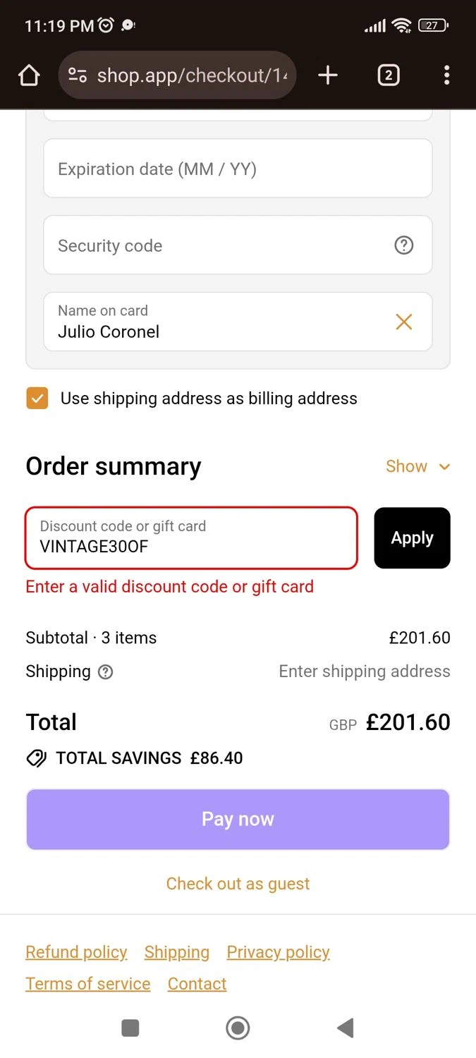 Weatherproof Vintage promo code screenshot showing code VINTAGE30OF applied at Weatherproof Vintage checkout page. Uploaded by SimplyCodes community member juliocoronel038ef0f on Dec 4, 2025