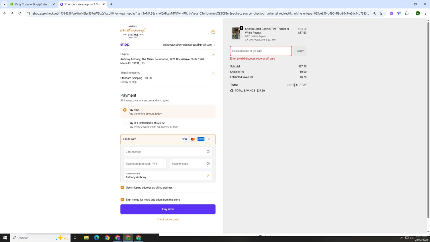 Weatherproof Vintage promo code screenshot showing code VINTAGE30OFF applied at Weatherproof Vintage checkout page. Uploaded by SimplyCodes community member AnthonyGTX on Dec 23, 2025