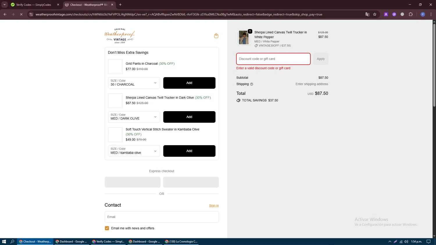 Weatherproof Vintage promo code screenshot showing code VINTAGE30OFF applied at Weatherproof Vintage checkout page. Uploaded by SimplyCodes community member Darknigth31 on Dec 23, 2025