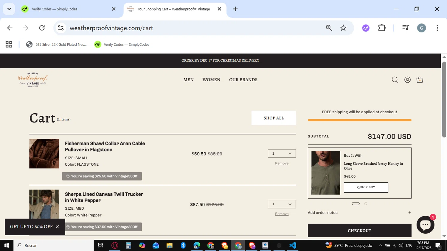 Weatherproof Vintage checkout page showing Weatherproof Vintage promo code box | Screenshot taken by SimplyCodes community member on Dec 17, 2025