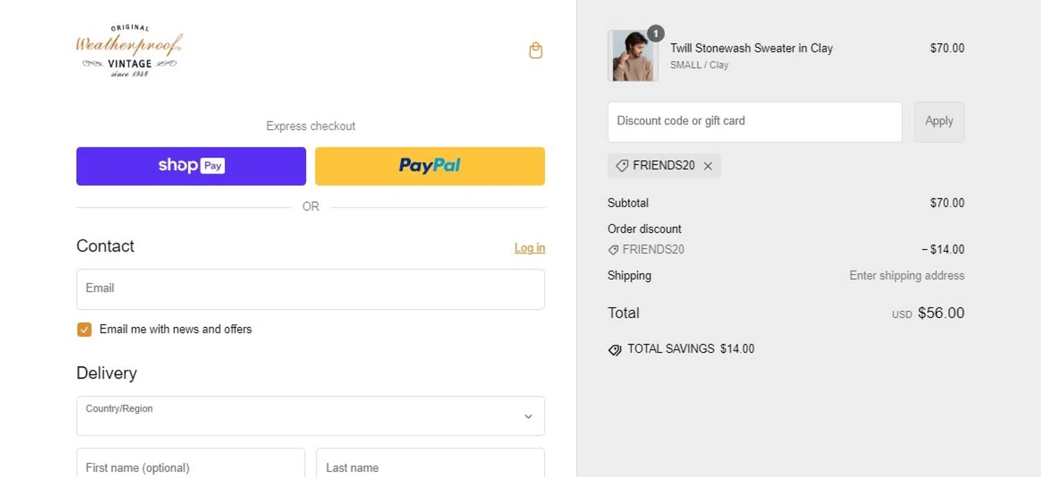 Weatherproof Vintage promo code screenshot showing code FRIENDS20 applied at Weatherproof Vintage checkout page. Uploaded by SimplyCodes community member frankrivero on Feb 13, 2025