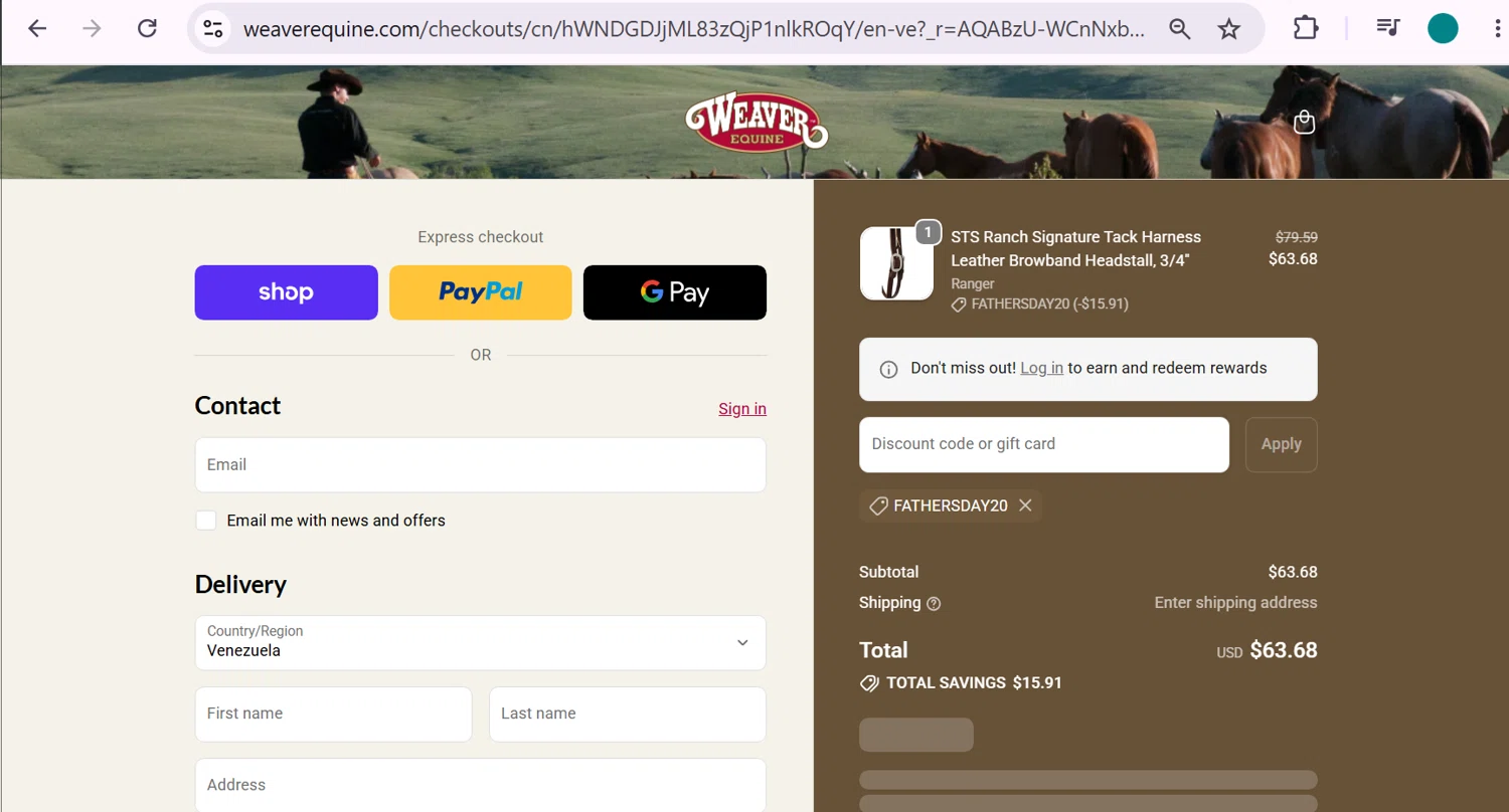 Weaver Equine promo code screenshot showing code FATHERSDAY20 applied at Weaver Equine checkout page. Uploaded by SimplyCodes community member anosesmith on Jun 12, 2026