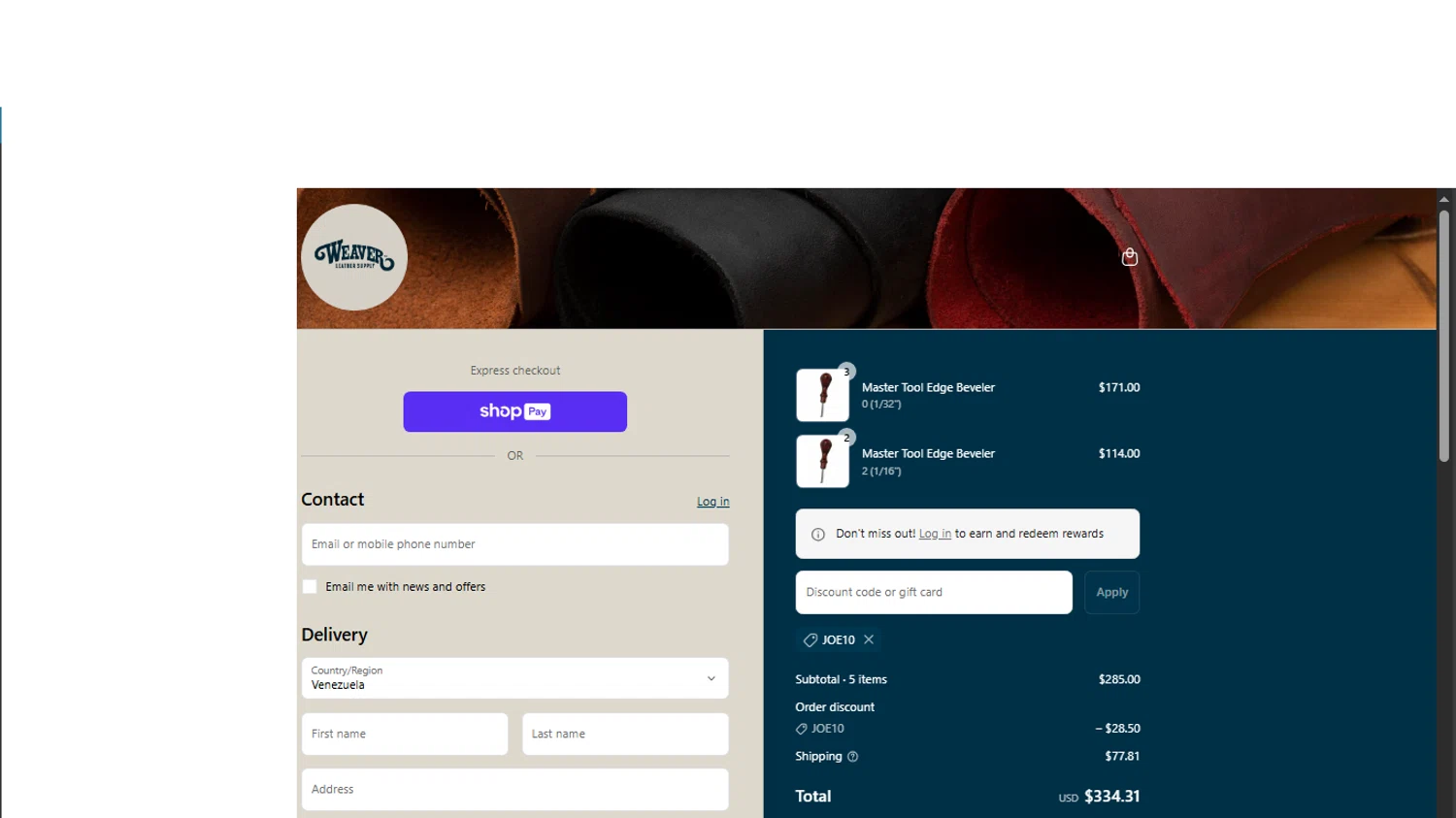 Weaver Leather Supply discount code screenshot showing code JOE10 applied at Weaver Leather Supply checkout page. Uploaded by SimplyCodes community member CarlaVale on Jun 24, 2025