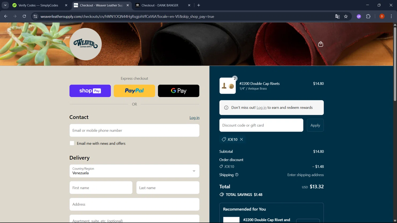 Weaver Leather Supply discount code screenshot showing code JOE10 applied at Weaver Leather Supply checkout page. Uploaded by SimplyCodes community member RoyalSaver3150 on Aug 4, 2025