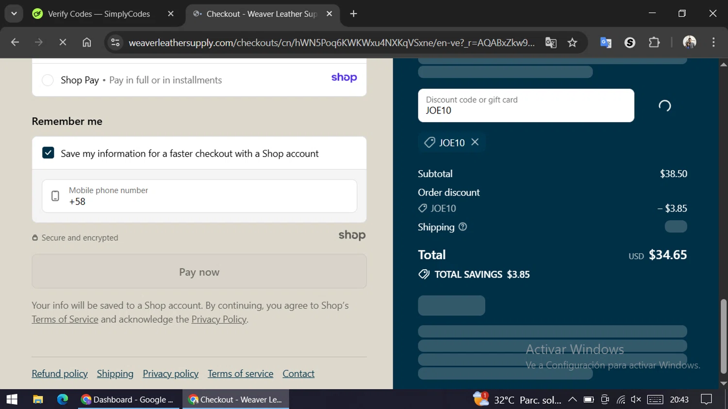 Weaver Leather Supply discount code screenshot showing code JOE10 applied at Weaver Leather Supply checkout page. Uploaded by SimplyCodes community member ariannycfh on Nov 18, 2025