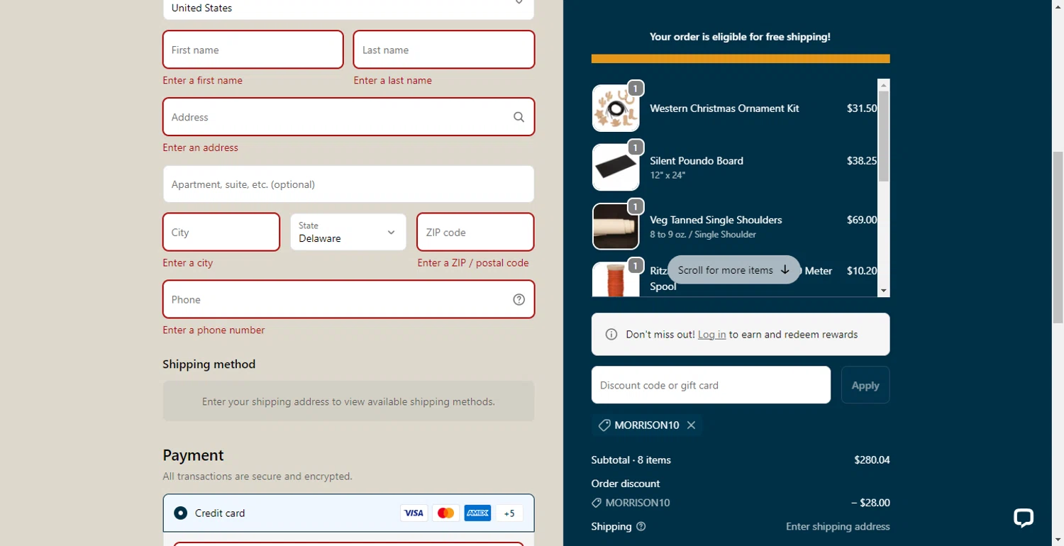 Weaver Leather Supply discount code screenshot showing code MORRISON10 applied at Weaver Leather Supply checkout page. Uploaded by SimplyCodes community member BargainMonarch8220 on Sep 23, 2025