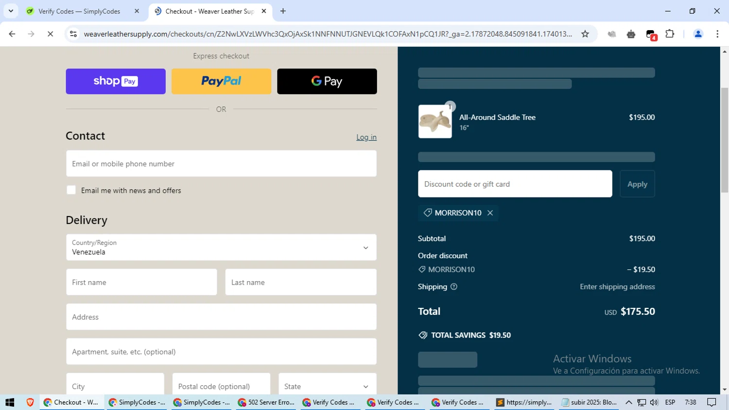 Weaver Leather Supply discount code screenshot showing code MORRISON10 applied at Weaver Leather Supply checkout page. Uploaded by SimplyCodes community member aSASAS on Feb 21, 2025