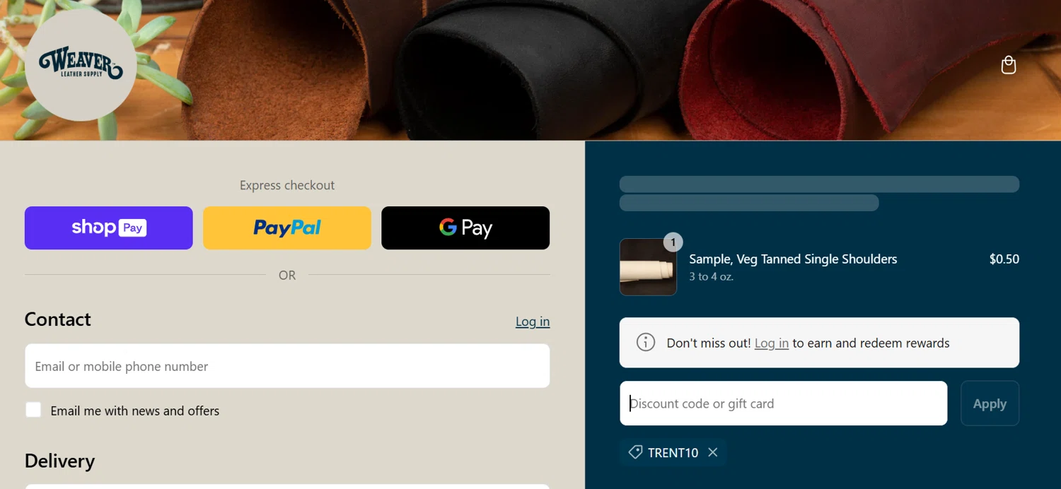 Weaver Leather Supply discount code screenshot showing code TRENT10 applied at Weaver Leather Supply checkout page. Uploaded by SimplyCodes community member Francisco on Mar 7, 2025