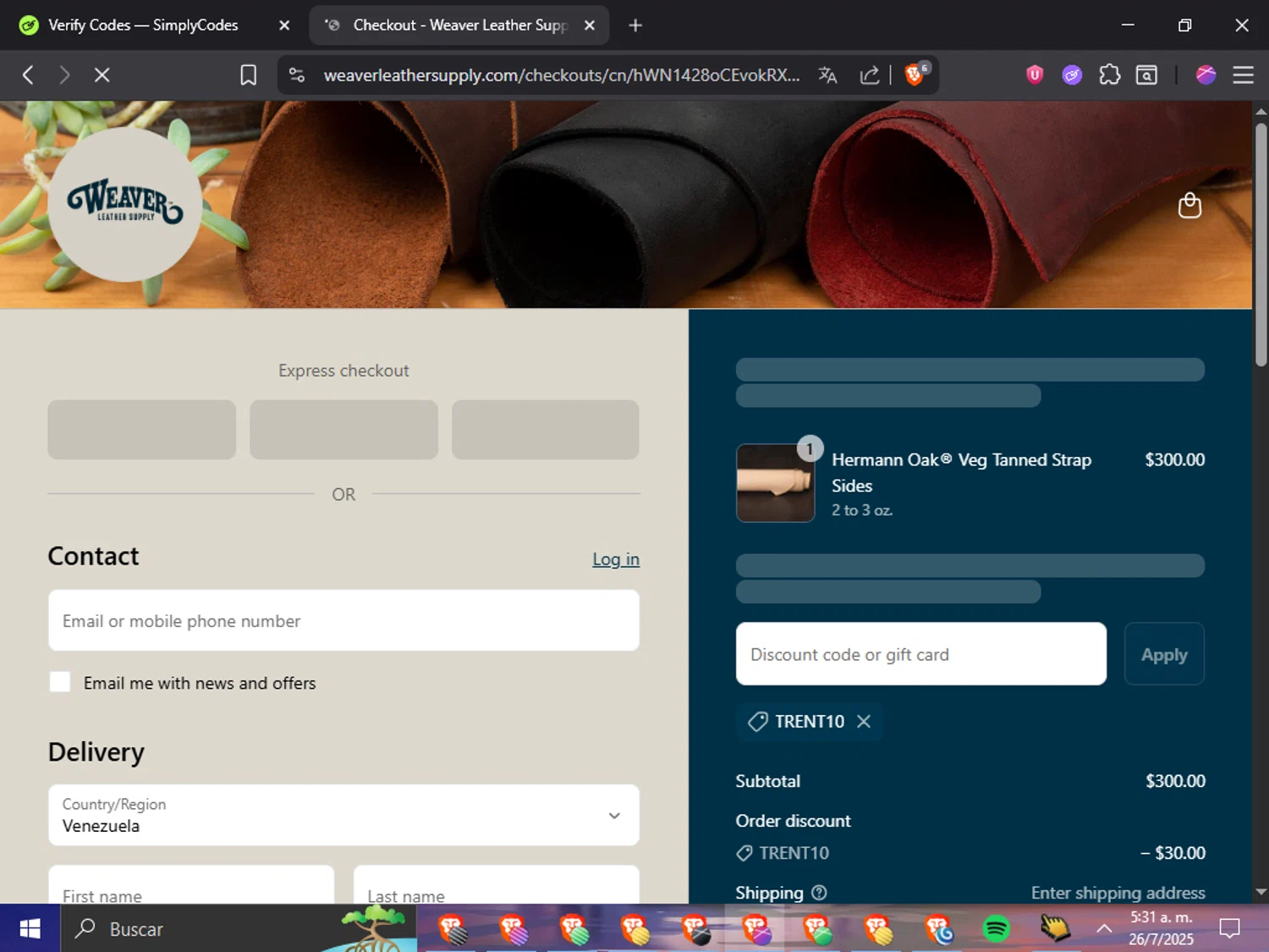 Weaver Leather Supply discount code screenshot showing code TRENT10 applied at Weaver Leather Supply checkout page. Uploaded by SimplyCodes community member TreasurePhoenix6079 on Jul 26, 2025
